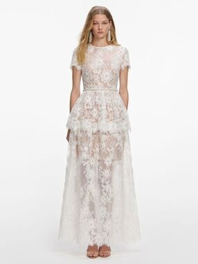 Self-Portrait White Sequin Lace Tiered Maxi Dress